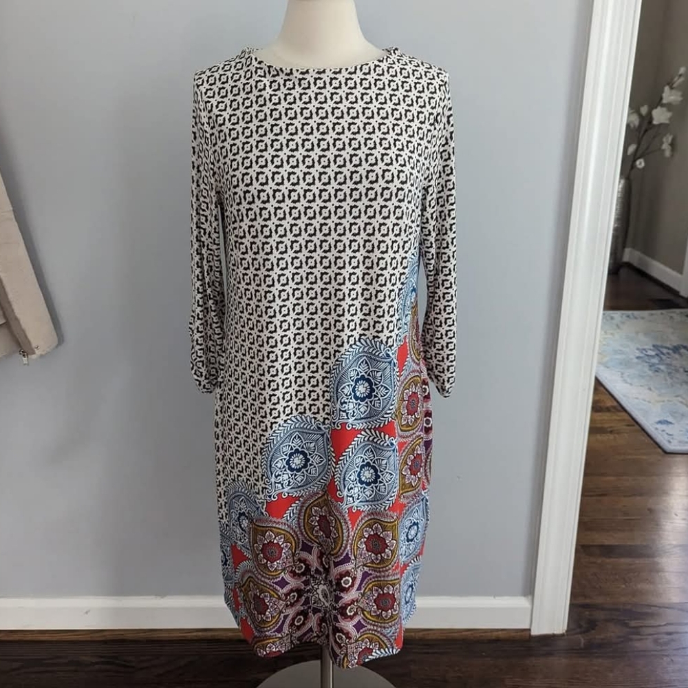 Women's Chico Brown White Paisley Dress with Long Sleeves Size 1 = Medium 8